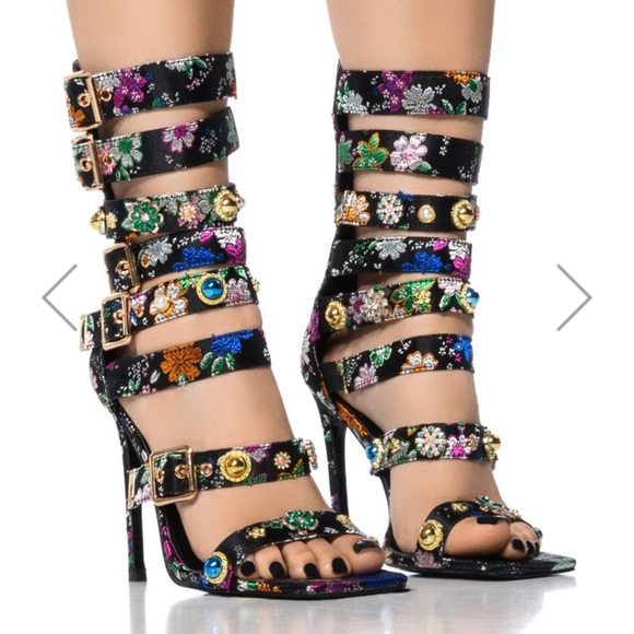 AZALEA WANG YOUR HONOR BROCADE EMBELLISHED GLADIATOR SANDAL IN BLACK 7.5 - Picture 2 of 4